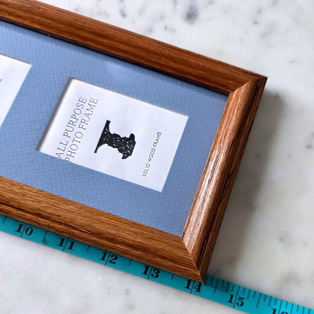 Vtg Solid Wood 3 2x3 Opening Vertical Picture Frame Brown Oak Hunter Blue 14x6